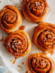 Cinnamon rolls in neat spiral formation with maple glaze, photographed top-down on white.