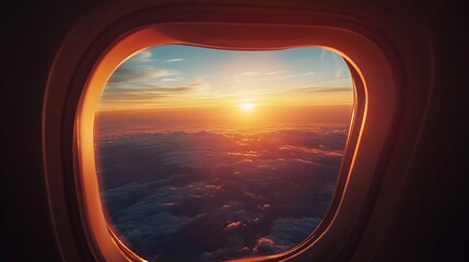 Naklejka premium Airplane window view of a golden sunset
