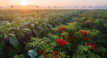 Vegetable Field at Sunrise with Purple Eggplants and Red Chili Peppers