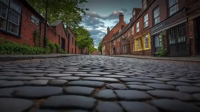 Cobblestone street lined with historic buildings