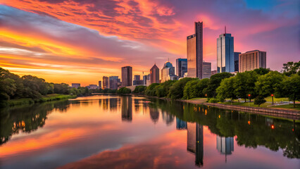 Fototapeta premium City skyline, lake reflection, sunset, urban landscape, colorful sky