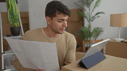 Man holds paper, reading documents in home, while young hispanic person organizes moving boxes and...