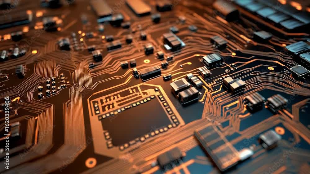 Poster electronic circuit board showing microchips and electronic components transmitting data
