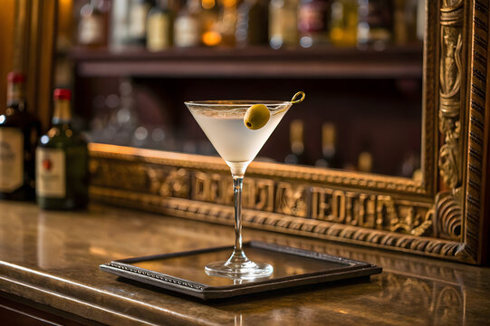 Classic martini with olive at upscale bar, evoking sophistication and elegance - Powered by Adobe