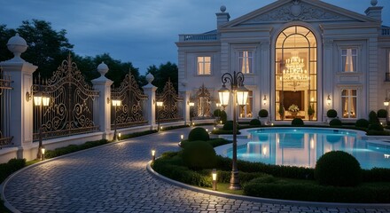 Luxury Mansion at Twilight with Swimming Pool and Wrought Iron Gate
