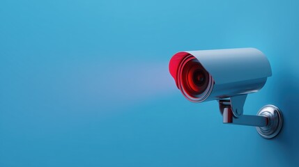 Infrared Security Camera with Red Glowing Lens – Minimalistic Clean Blue Wall Background with Copy Space