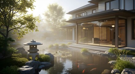 Zen Garden with Stone Lantern, Pond and Modern House in Soft Morning Light