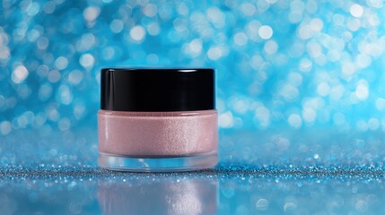 Luxury Cosmetic Cream Jar with Shiny Pink Texture – Black Glossy Cap on Glittering Glass Surface with Festive Blue Bokeh