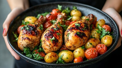 Woman holding a bowl of baked chicken legs.