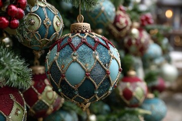 Vibrant Christmas ornaments adorn a beautifully decorated holiday tree showcasing rich colors and intricate designs