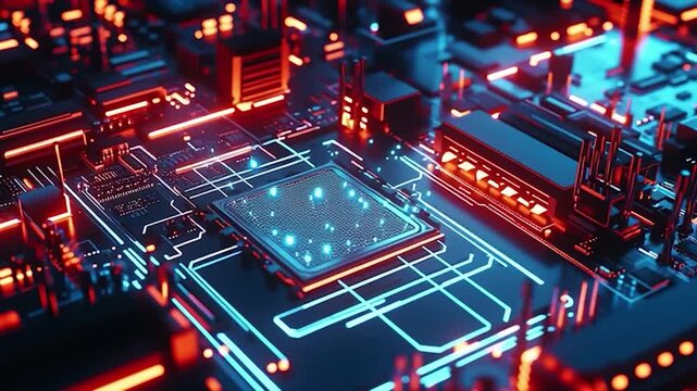 Close-up of glowing circuit board with central processor