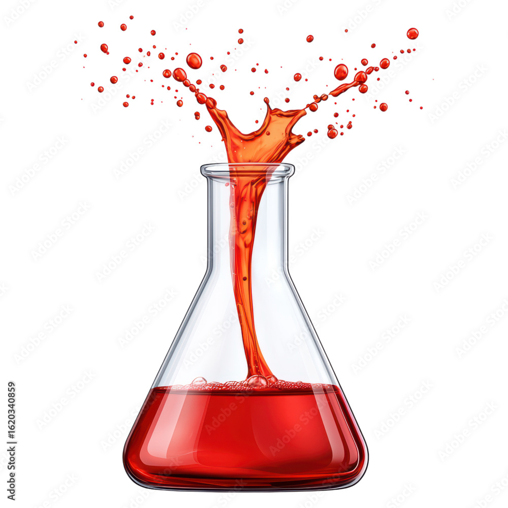 Poster overflowing laboratory flask with red liquid and bubbles, isolated on transparent background.