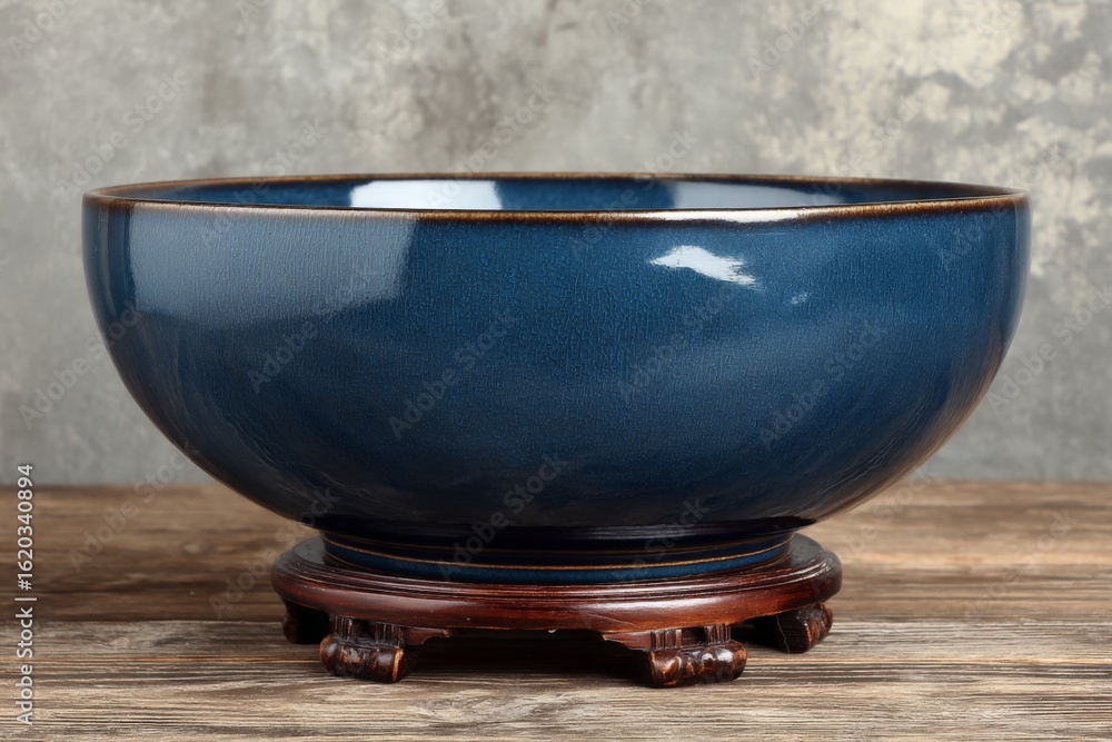 Poster ceramic bowl on wooden stand in simple rustic setting with textured background showcasing craftsmans