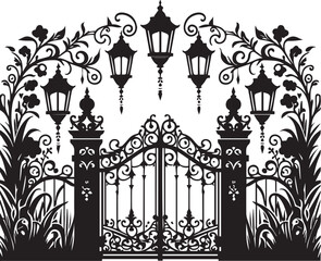 Ornate Black Silhouette of a Decorative Garden Fence with Lanterns