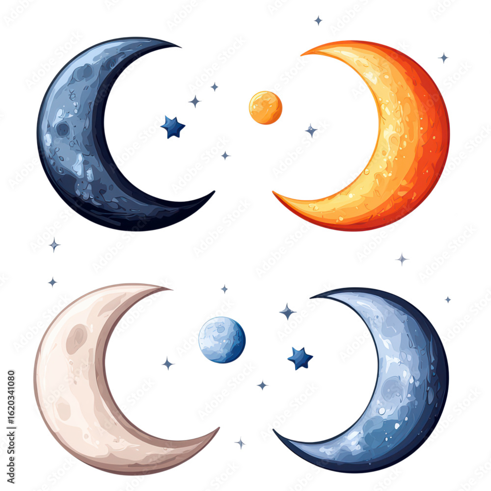 Poster celestial shapes with moon and sun illustrations in four variants, isolated on transparent backgroun