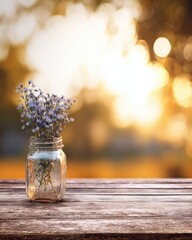 Mason Jar with Wildflowers on Wooden Table – Golden Bokeh Background with Copy Space