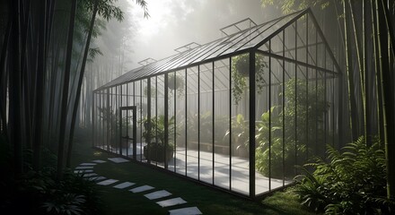 Tranquil Greenhouse Surrounded by Bamboo Forest on Foggy Morning