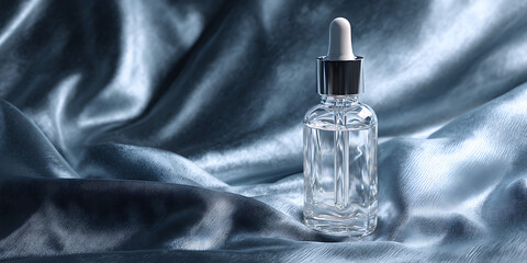 Glass bottle with gold cap placed on silky fabric background for luxury cosmetic and skincare product display

