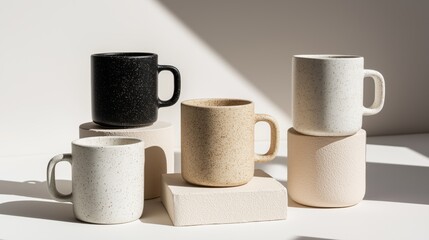 Minimalist Terrazzo Ceramic Mugs in Black, Beige, and White – Modern Composition on White Background