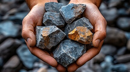 Hands holding freshly mined mineral stones for geology, mining, and natural resource projects. 