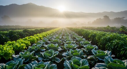 Rows of Green Cabbage Growing in Field with Morning Fog and Sunlight