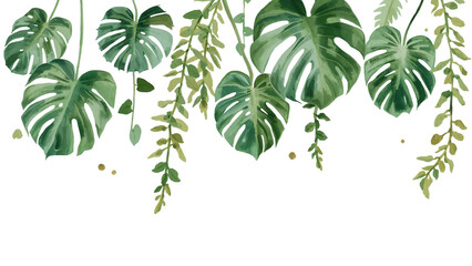 Lush watercolor tropical foliage illustration with monstera leaves and trailing vines isolated