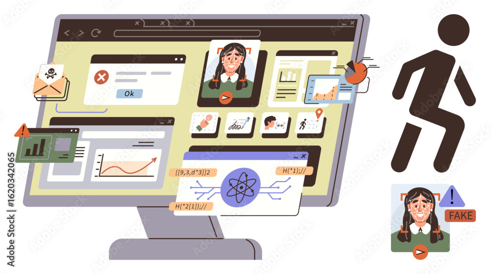 Poster computer monitor displaying malicious emails, fake profiles, phishing attacks, data theft, and onlin