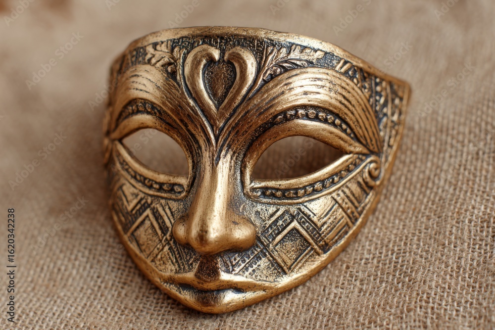 Poster decorative golden mask with intricate designs resting on textured fabric in a well-lit setting