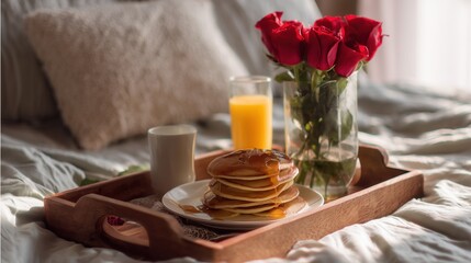 Romantic Breakfast in Bed with Pancakes, Orange Juice, and Roses – Cozy Morning Tray Scene

