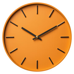 Stylish Orange Wall Clock with Simple Black Hands, isolated on transparent background.