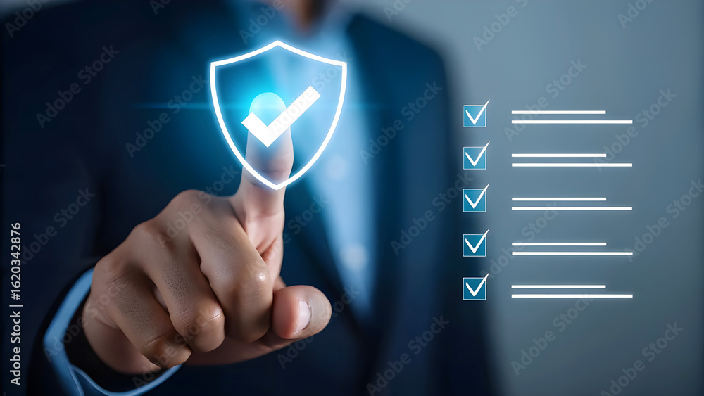 Poster man touching digital security shield with checkmarks