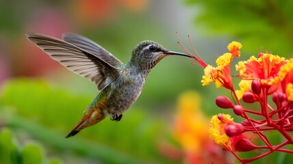 Fototapeta premium Hummingbird Feeding Flower with Tropical Bird, and Nature.