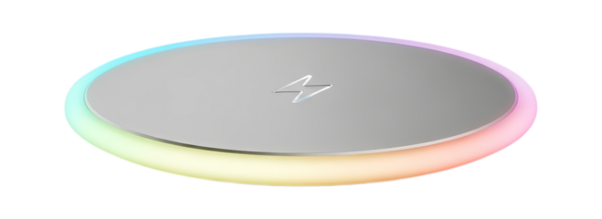 Wireless charger pad with colorful rgb led light halo isolated on transparent background, png
