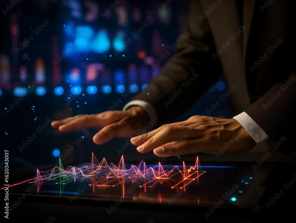 Poster futuristic data analysis interface controlled by hands for modern business insights and technology s