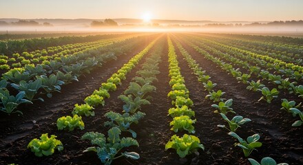 Cultivated Vegetable Field at Sunrise Rows of Green Crops
