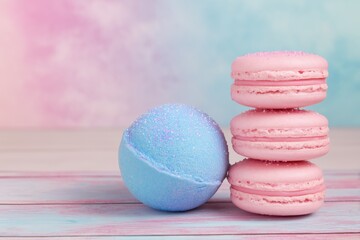 Stacked Pink Macarons and Blue Bath Bomb – Dreamy Pastel Flatlay on Painted Wooden Boards