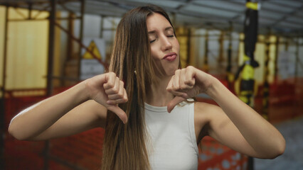 Young hispanic woman in white tank top shows thumbs down gesture amid yellow scaffolding in...