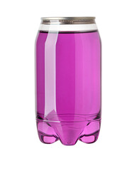 Transparent plastic can filled with purple liquid on white background