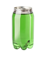 Green soft drink in plastic bottle with metal cap on white background