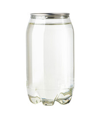 Transparent plastic bottle with clear liquid and metal cap on white background
