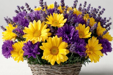 Obraz premium A vibrant flower arrangement featuring yellow daisies and purple asters in a woven basket