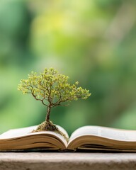 Tree Growing from Open Book – Natural Green Background with Copy Space for Branding