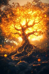 Glowing Golden Tree of Life in Dark Forest at Sunset