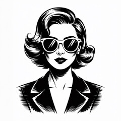 Stylish woman in sunglasses and blazer black and white portrait