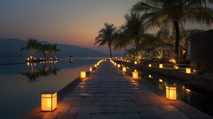 Tropical Twilight Path with Glowing Cube Lanterns – Palm Trees, Mountains, and Copy Space Over Water