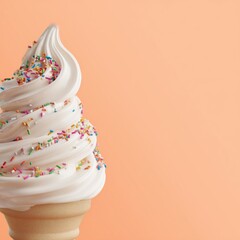 Vanilla Soft Serve Ice Cream with Sprinkles – Pastel Orange Background and Copy Space