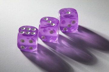 A random arrangement of purple dice and a puzzle cup, captured after the dice have been cast.