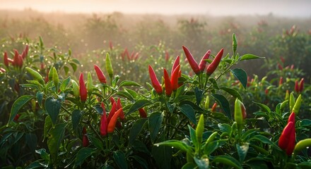 Red Chili Peppers Growing in Field with Fog and Morning Light