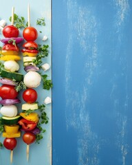 Colorful Vegetable Skewers on Blue Cutting Board – Fresh Vegan Food with Copy Space