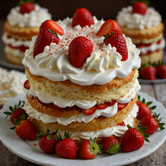 Strawberry Shortcake: A cake topped with fresh strawberries and whipped cream. The soft cake, sweet cream, and fresh strawberries combine beautifully.